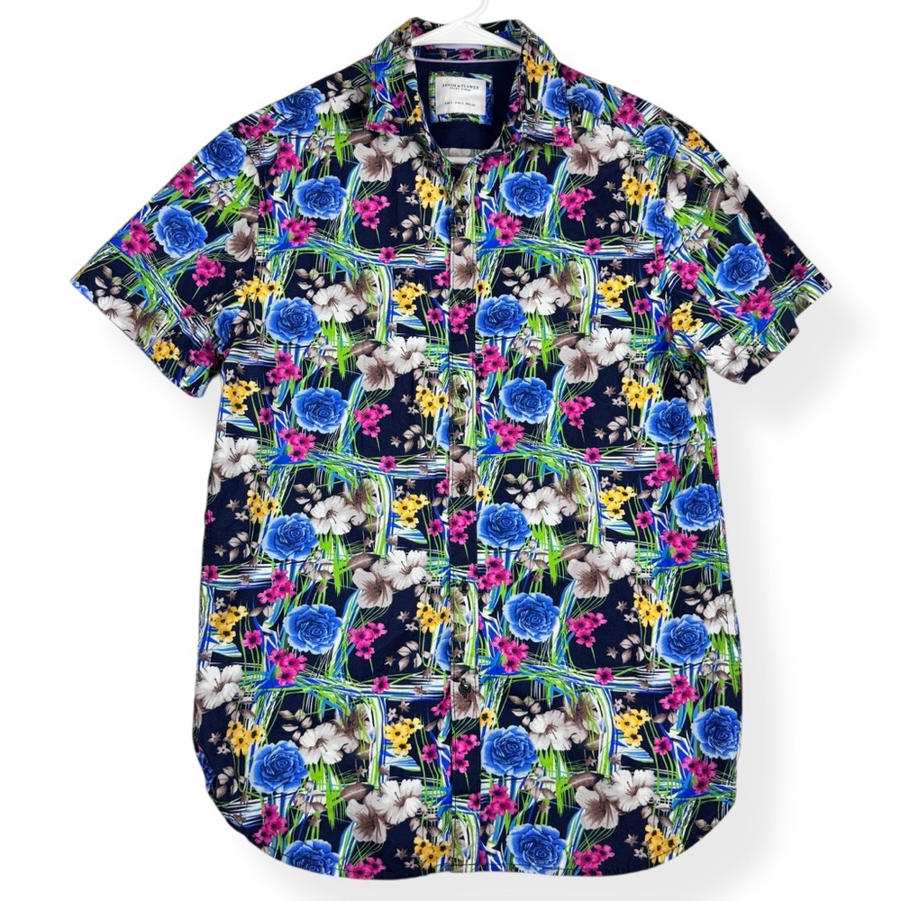 Denim & Flower‎ Ricky Singh Button Up Shirt Mens S Small Blue Tropical Floral